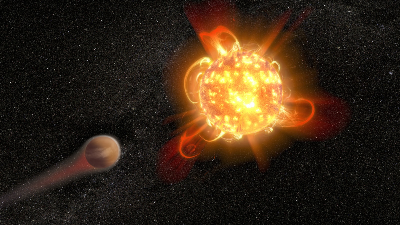 赤色矮星が系外惑星の大気を剥ぎ取る様子を描いたイラスト